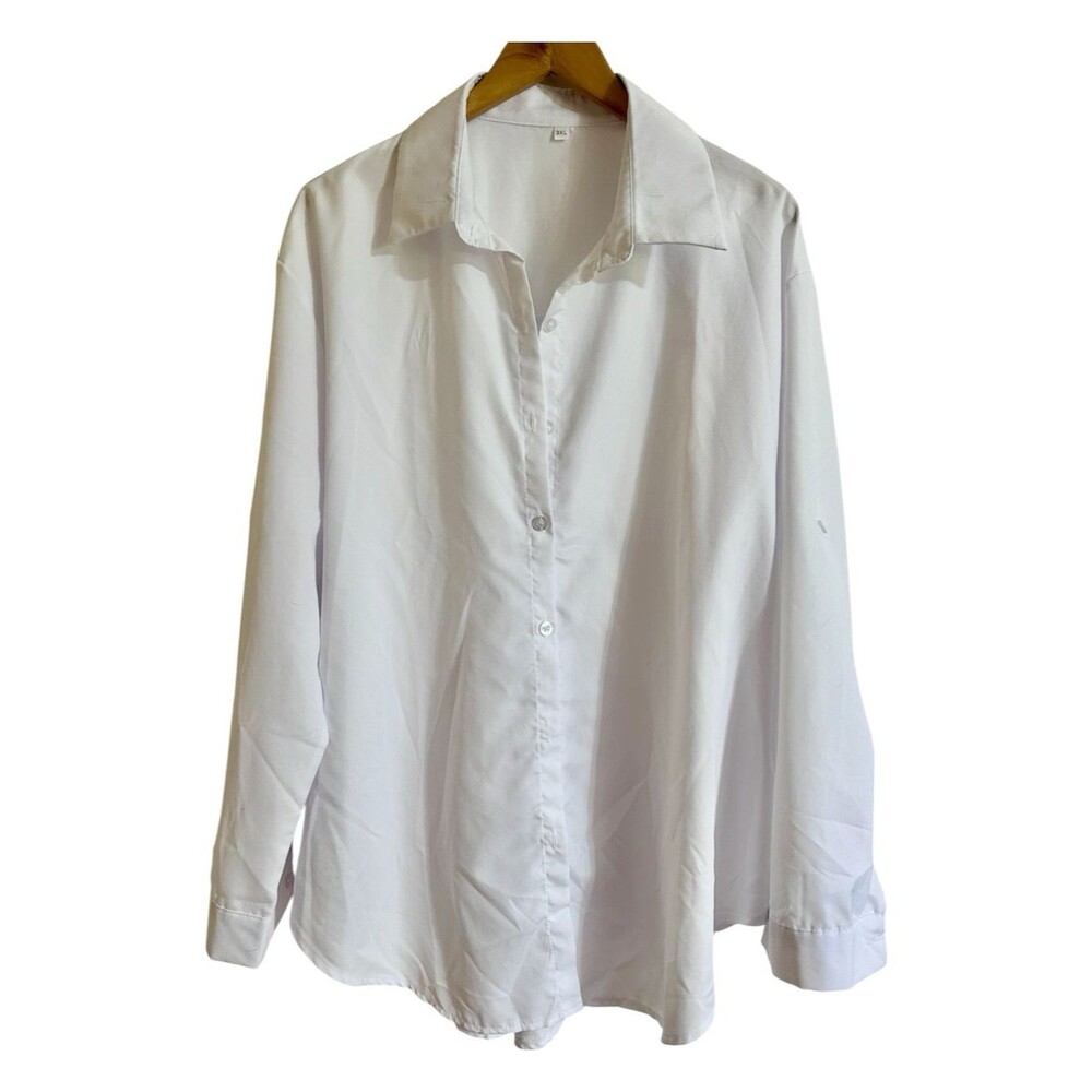 Classic White Button-Up Blouse Shirt 3X Roll Up Sleeve Button Down Work Office